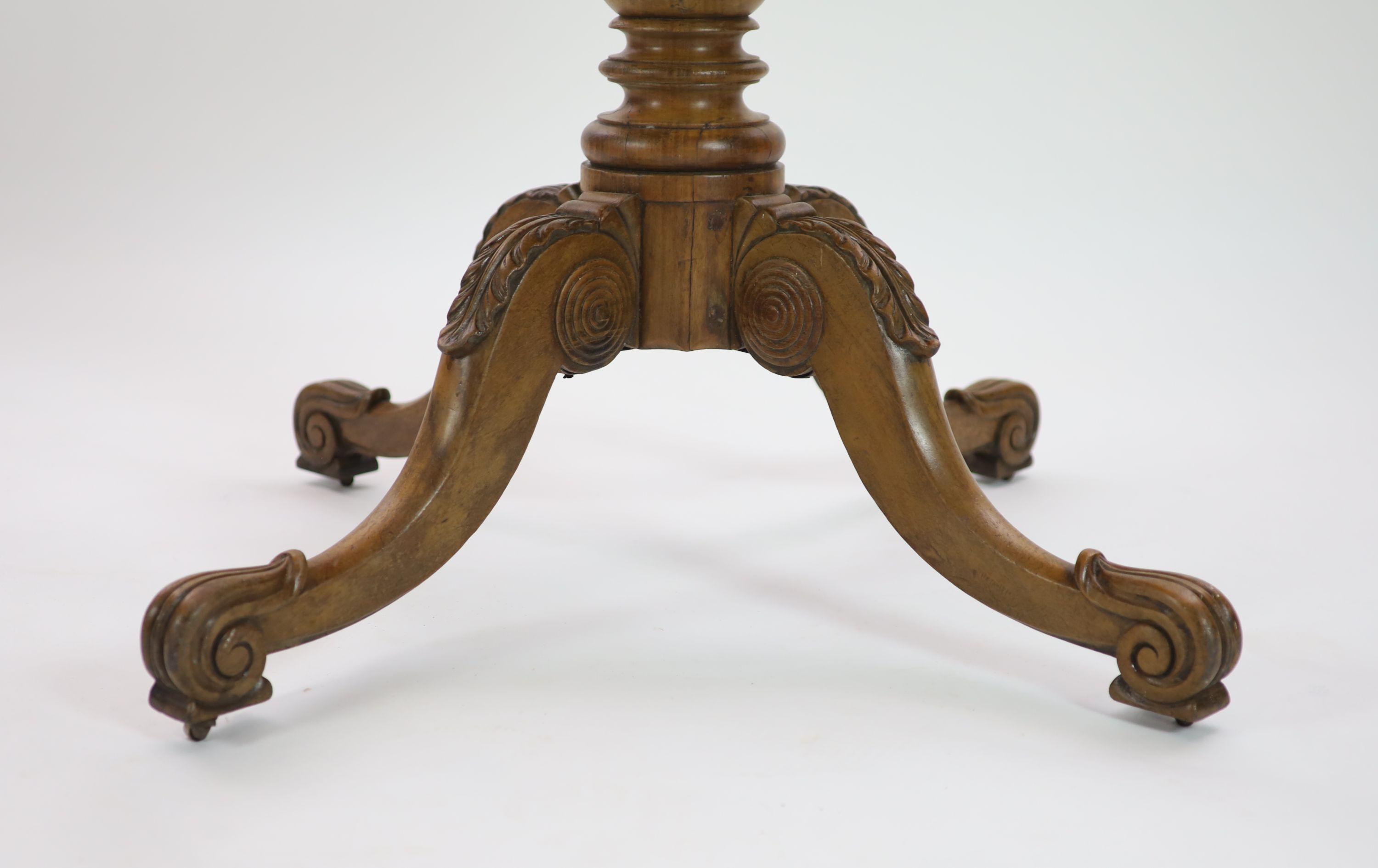 A Victorian scagliola walnut and faux porphyry marble circular centre table, diameter 74cm, height 74cm